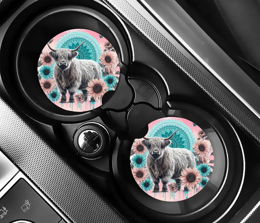 Pastel Highland Cow Car Coasters